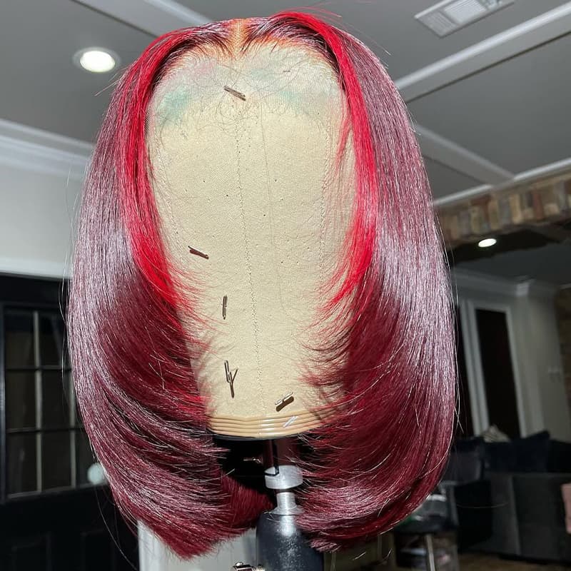 SWAY Short Medium Layered Cut Burgundy Red Skunk Stripe Bob 13x4 Lace Front Human Hair Wig