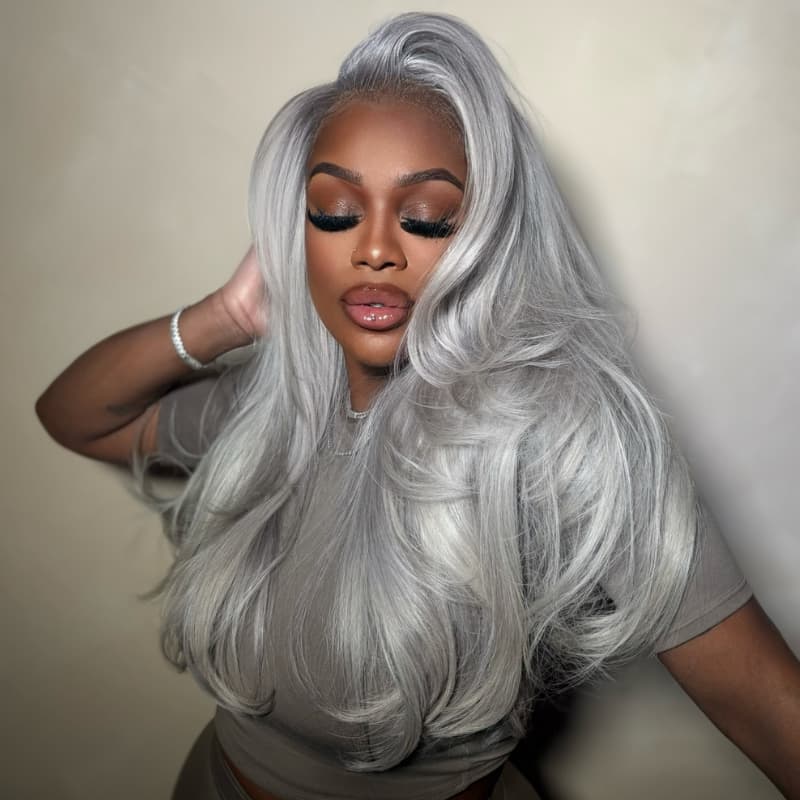 Pelucas de cabello humano ondulado con encaje frontal SWAY, color gris, densidad 200, 13x4