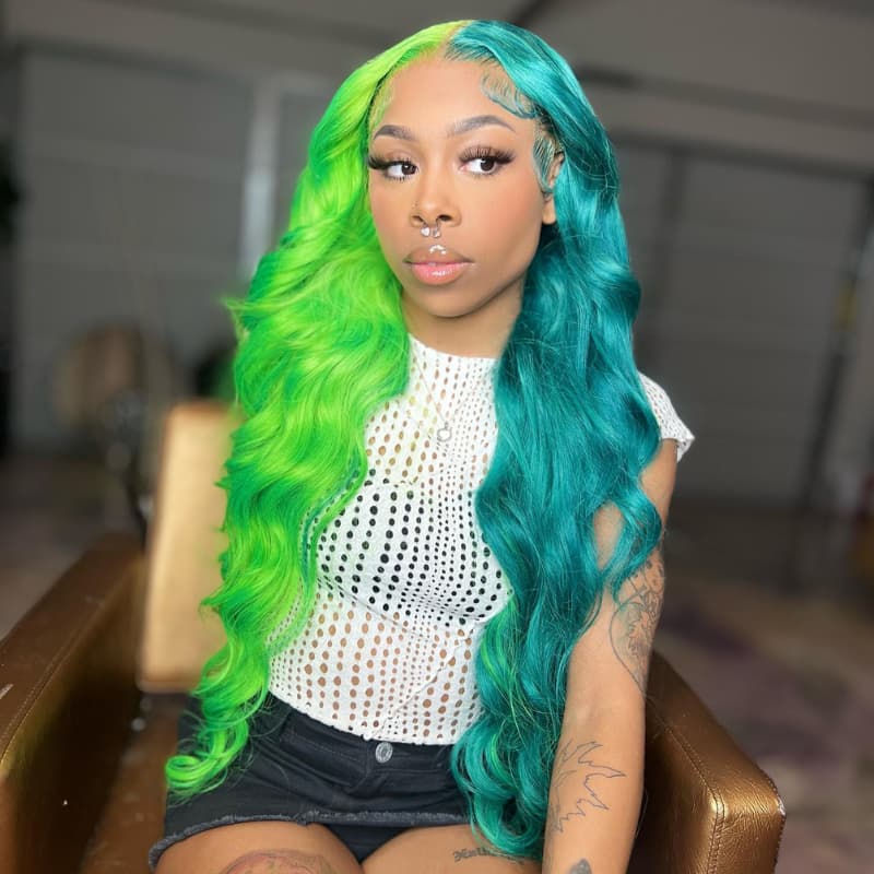 SWAY Split Dye Half Green Half Blue Luxury Summer Beach Vacations 13x4 Lace Front Human Hair Wig