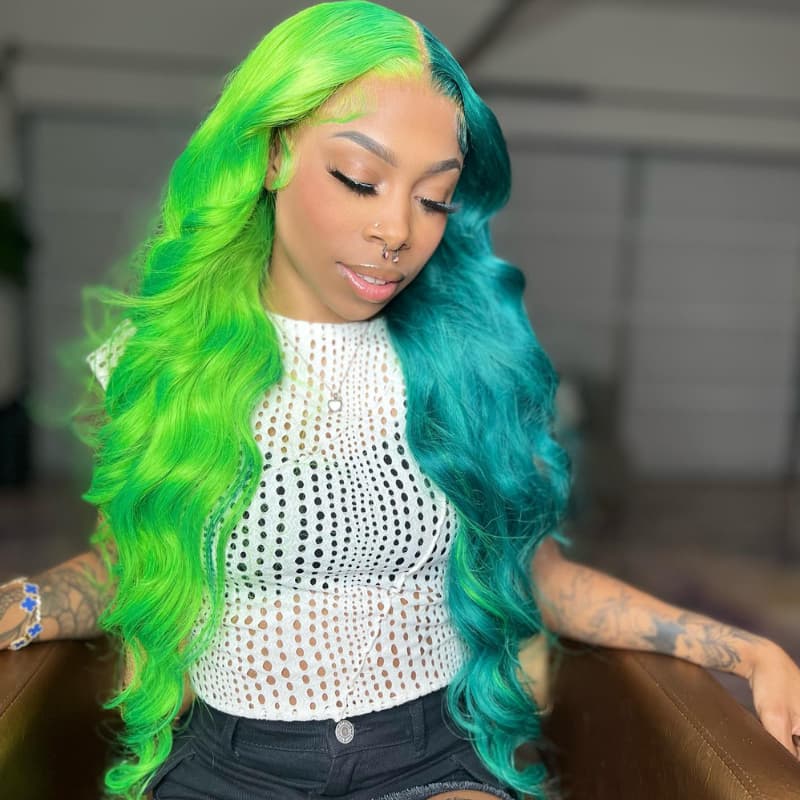 SWAY Split Dye Half Green Half Blue Luxury Summer Beach Vacations 13x4 Lace Front Human Hair Wig