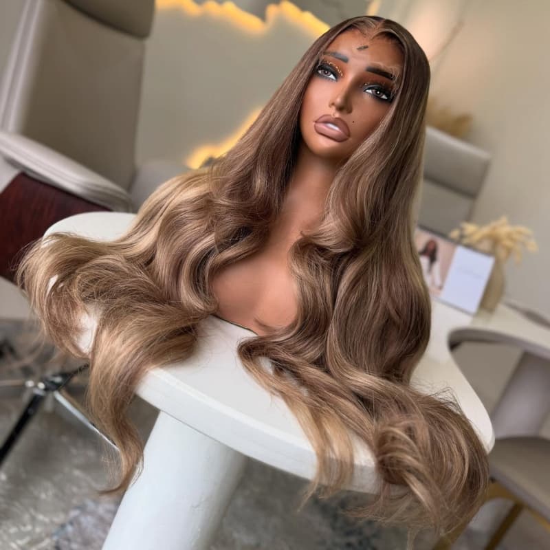 SWAY Strawberry Honey Blonde Brown Highlights 13x4 Lace Front Virgin Human Hair Wigs 200 Density
