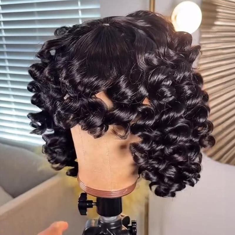 SWAY Tight Spiral Deep Curls Short Bob Machine Made Human Hair Wigs