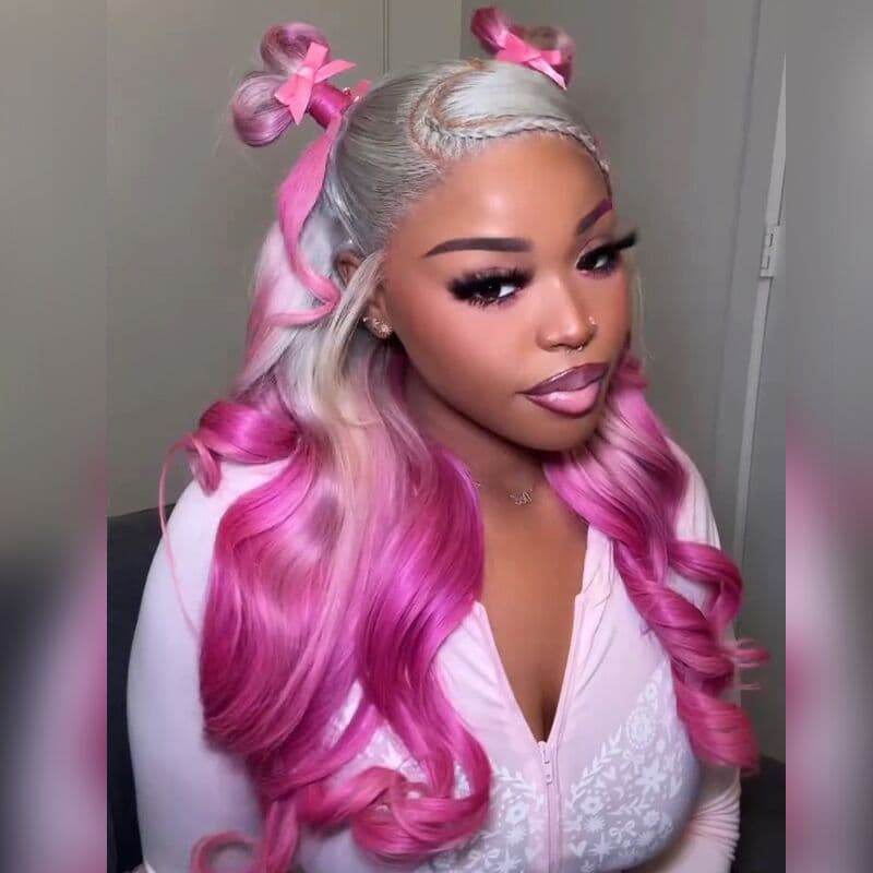 SWAY Two Tone Ombre Platinum Silver Gray Vibrant Bubblegum Fuchsia Pink 13x4 Lace Front Human Hair Wig