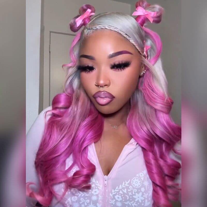 SWAY Two Tone Ombre Platinum Silver Gray Vibrant Bubblegum Fuchsia Pink 13x4 Lace Front Human Hair Wig