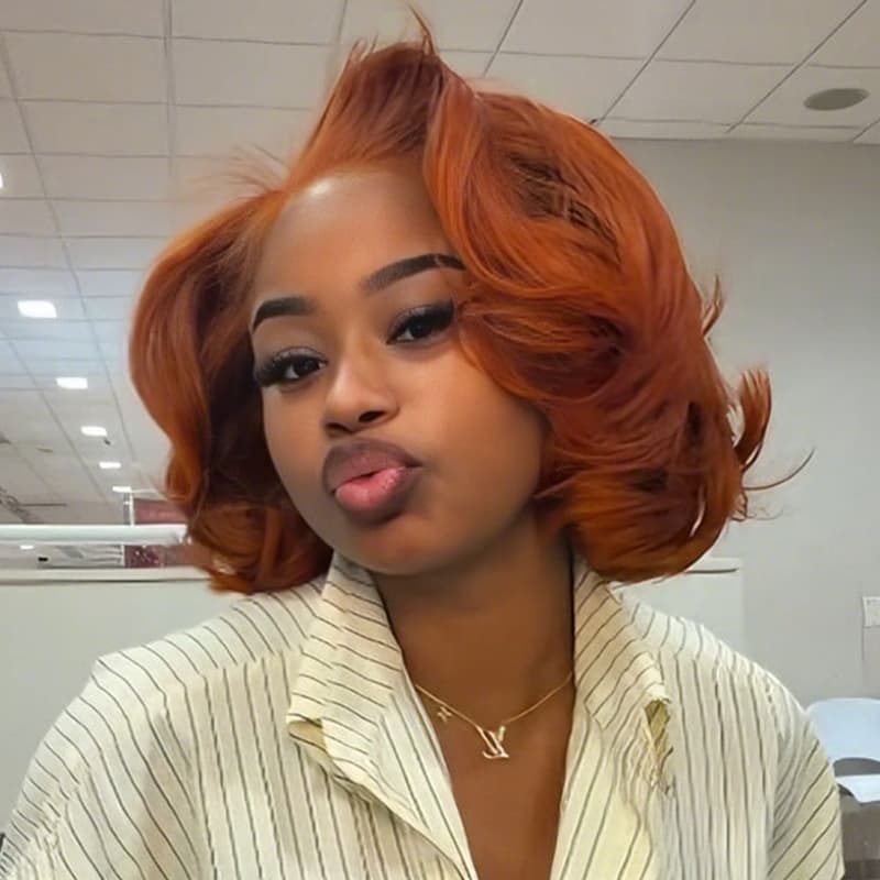 SWAY Vibrant Pumpkin Copper Orange Short Bob Body Wave Curls 13x4 Lace Front Human Hair Wig