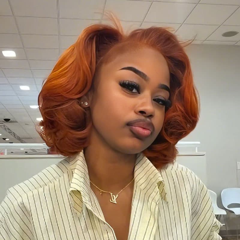 SWAY Vibrant Pumpkin Copper Orange Short Bob Body Wave Curls 13x4 Lace Front Human Hair Wig