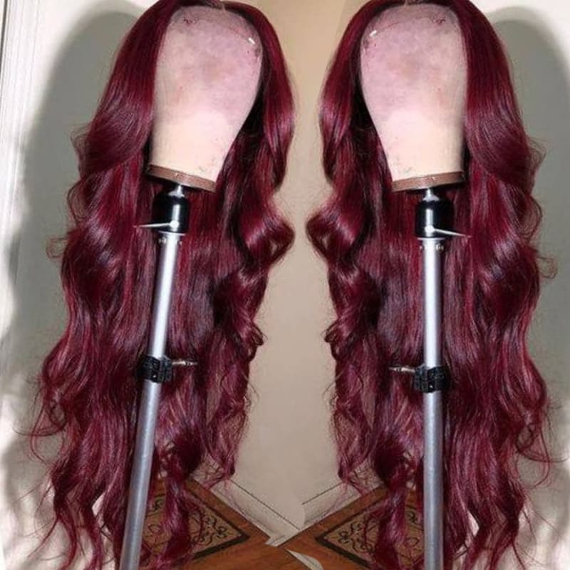 SWAY 250 300 Density Dark Cherry Burgundy Red Wavy 13x4 Lace Front Virgin Human Hair Wig