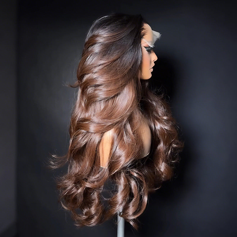 SWAY 300 Density Natural Black Roots Soft Chocolate Brown Ombre 13x4 Lace Front Human Hair Wig