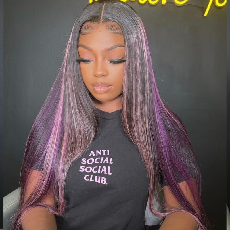 SWAY 32 34 inch Black With Purple Bone Straight Highlights 13x4 Lace Front Human Hair Wigs 200 Density