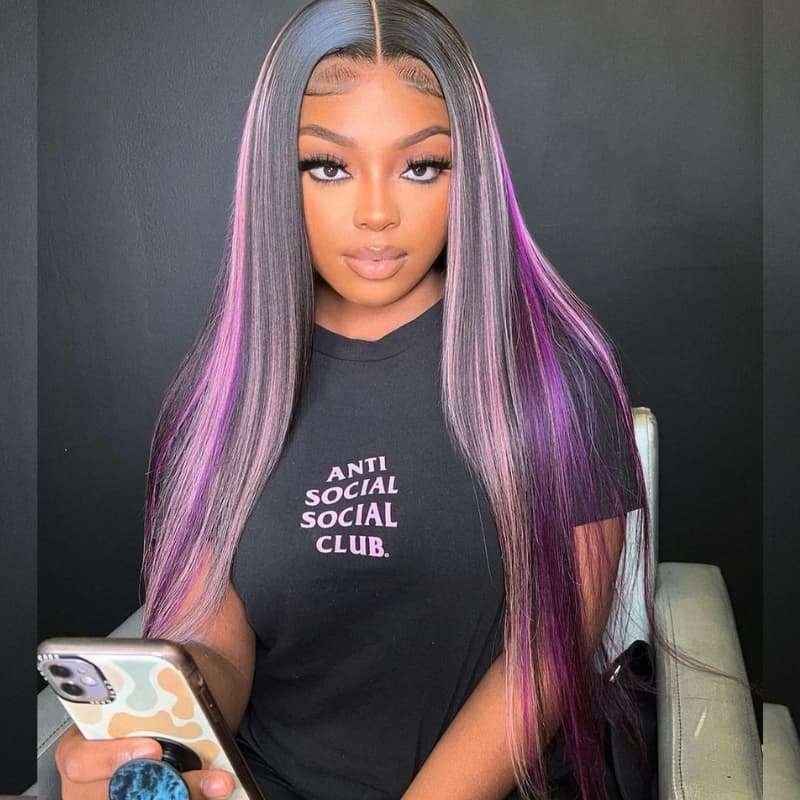 SWAY 32 34 inch Black With Purple Bone Straight Highlights 13x4 Lace Front Human Hair Wigs 200 Density