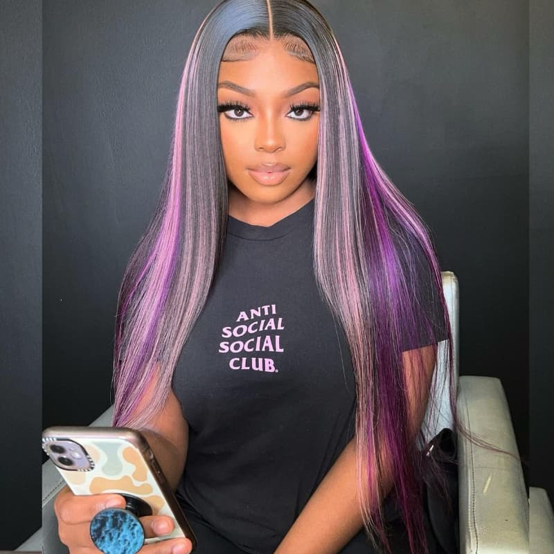 SWAY 32 34 inch Black With Purple Bone Straight Highlights 13x4 Lace Front Human Hair Wigs 200 Density