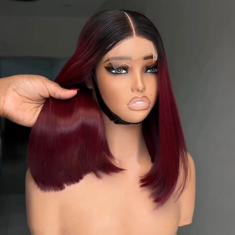 SWAY 8 10 12 inch Short Bob Burgundy Red With Dark Roots 13X4 Lace Front Human Hair Wigs