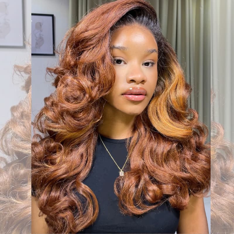 Pelucas de cabello humano SWAY rubio miel con reflejos marrones, 13x4 HD, con encaje frontal 