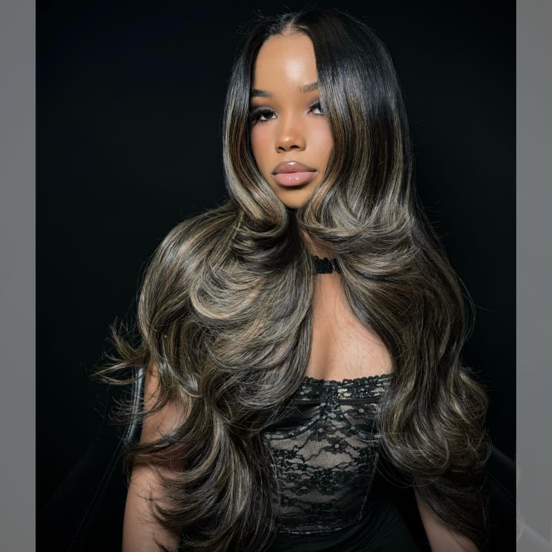 Pelucas de cabello humano ondulado con encaje frontal SWAY, color gris, densidad 200, 13x4 