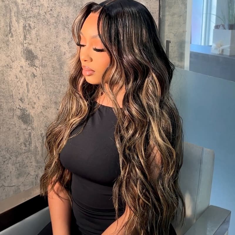 SWAY Balayage Brown Highlights Beach Body Wave 13x4 Lace Front Human Hair Wigs