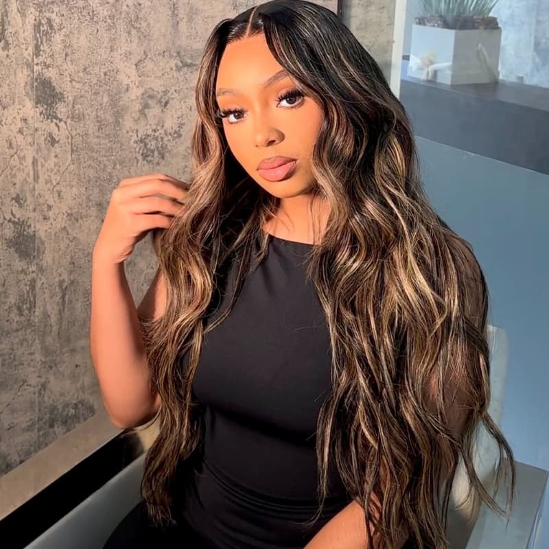 SWAY Balayage Brown Highlights Beach Body Wave 13x4 Lace Front Human Hair Wigs