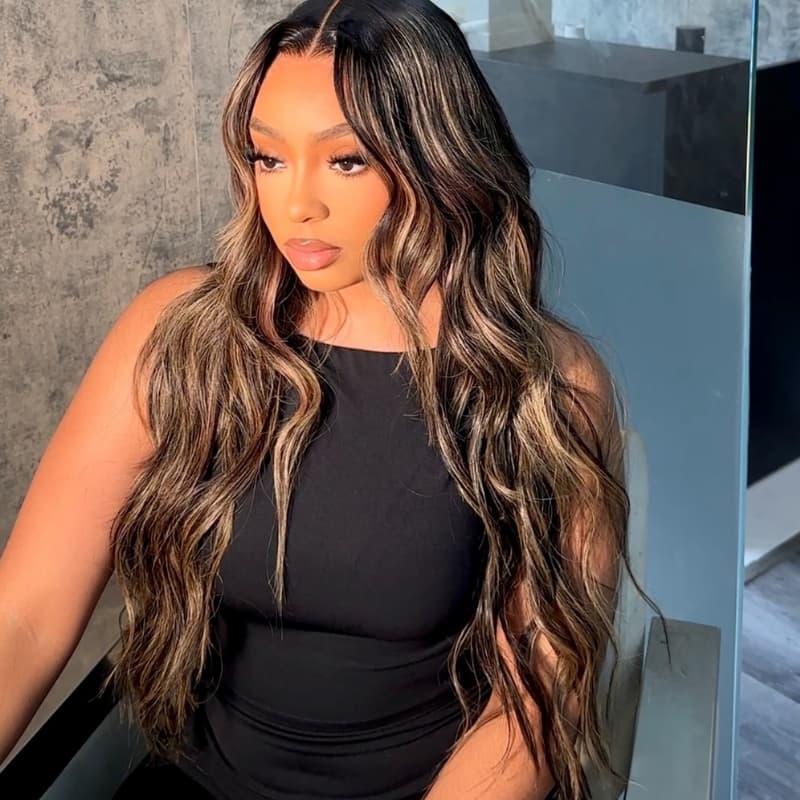 SWAY Balayage Brown Highlights Beach Body Wave 13x4 Lace Front Human Hair Wigs