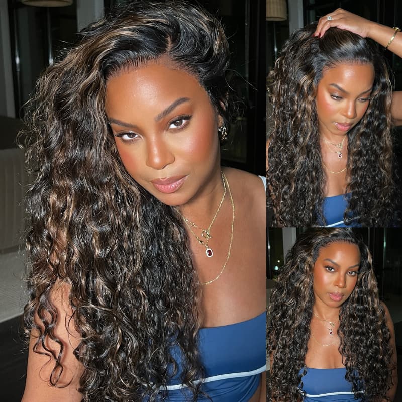 SWAY Balayage Brown Highlights Burmese Curly 13x4 Lace Front Human Hair Wig 250 300 Density