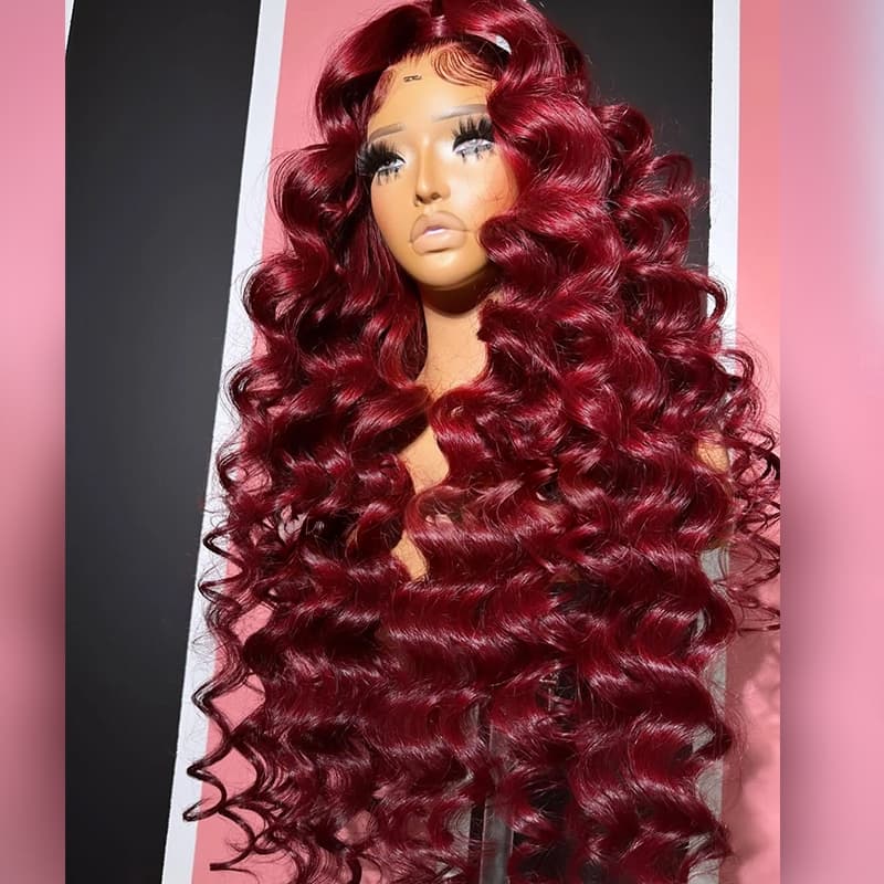 SWAY Black Burgundy Red Voluminous Bouncy Loose Curls 300 Density 13x4 Lace Front Human Hair Wig