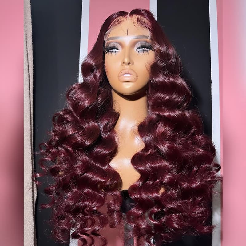 SWAY Black Burgundy Red Voluminous Bouncy Loose Curls 300 Density 13x4 Lace Front Human Hair Wig