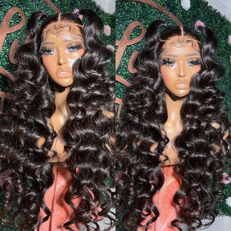 SWAY Black Burgundy Red Voluminous Bouncy Loose Curls 300 Density 13x4 Lace Front Human Hair Wig