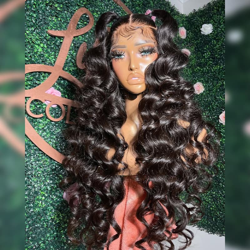 SWAY Black Burgundy Red Voluminous Bouncy Loose Curls 300 Density 13x4 Lace Front Human Hair Wig