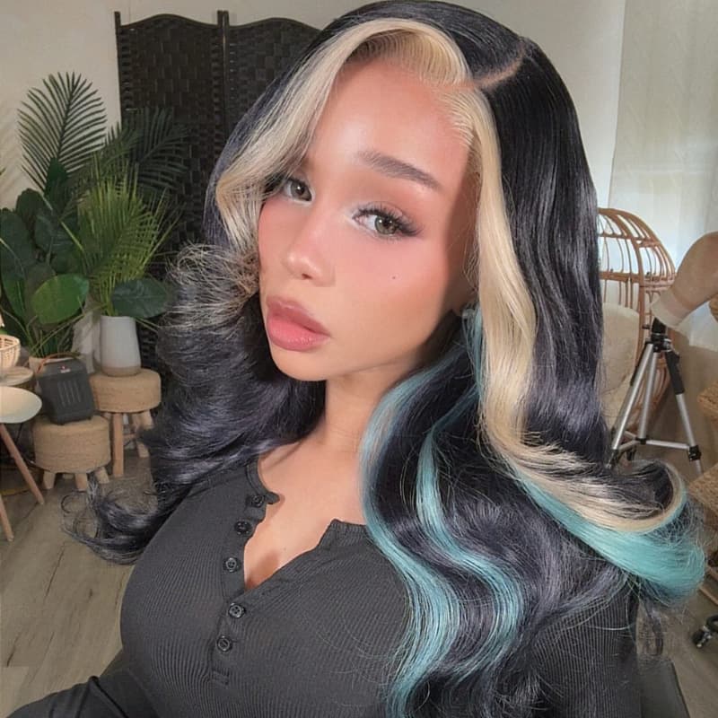 SWAY Black Platinum Blonde Split Teal Aqua Blue Money Piece Highlights 13x4 Lace Front Human Hair Wig