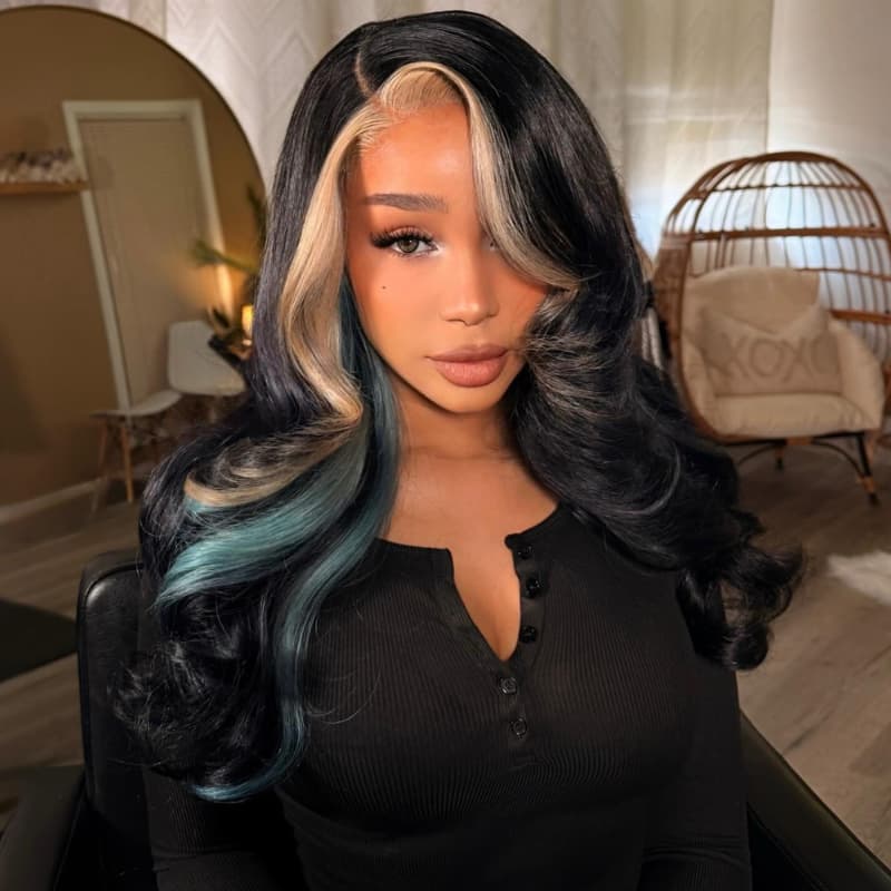 SWAY Black Platinum Blonde Split Teal Aqua Blue Money Piece Highlights 13x4 Lace Front Human Hair Wig