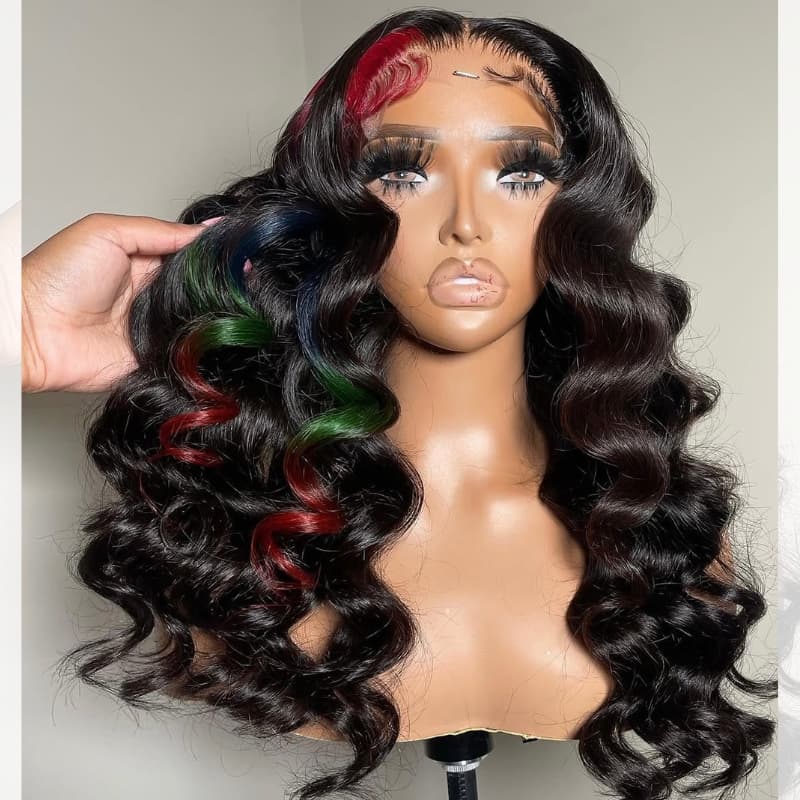 SWAY Black Red Blue Green Multi Color 13x4 Lace Front Human Hair Wig