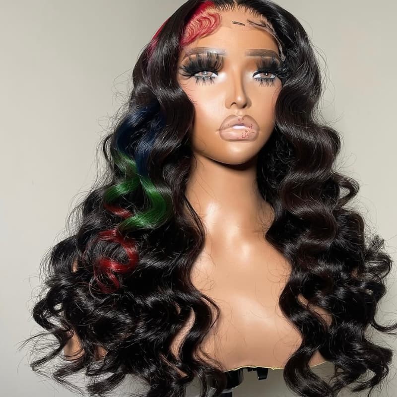 SWAY Black Red Blue Green Multi Color 13x4 Lace Front Human Hair Wig