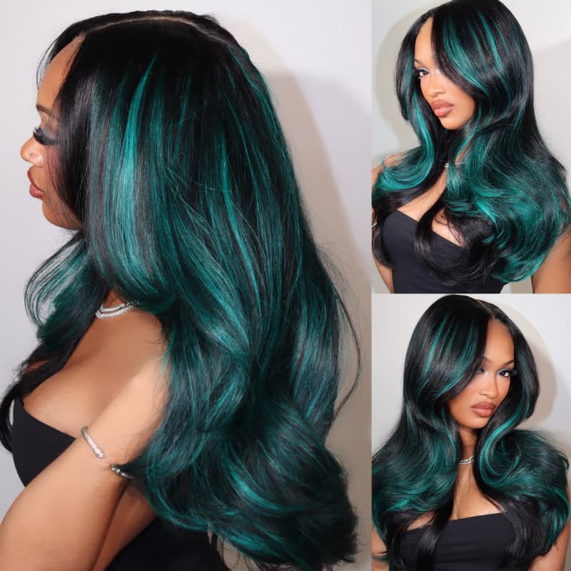 SWAY Black Teal Green Highlight 13x4 Lace Front Human Hair Wig 200 Density