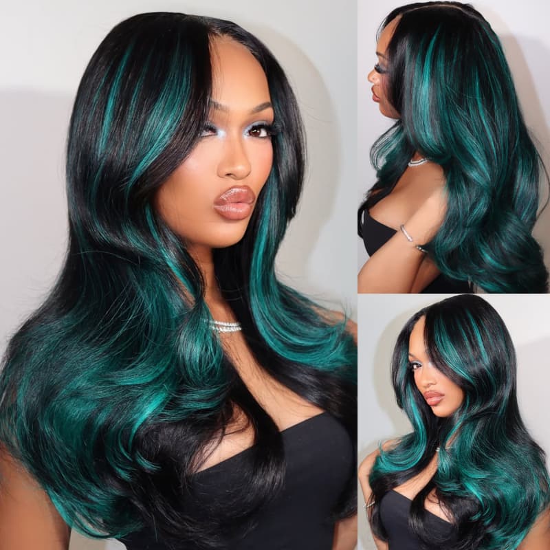SWAY Black Teal Green Highlight 13x4 Lace Front Human Hair Wig 200 Density