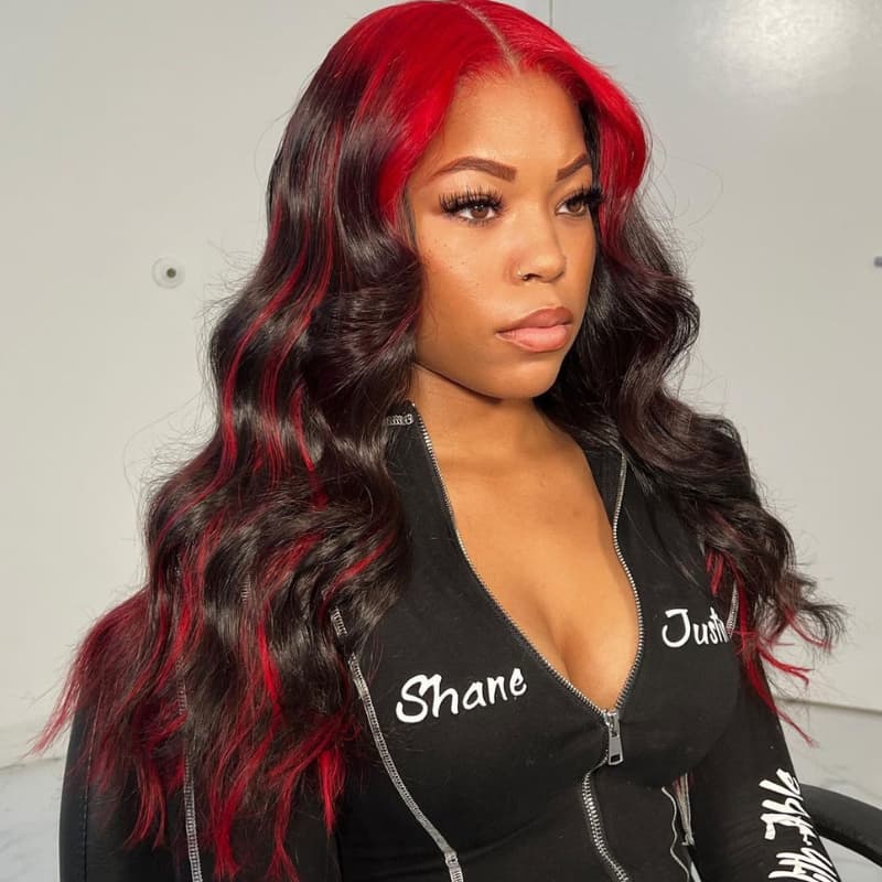 SWAY Black With Cherry Red Highlights Roots 13x4 Lace Front Human Hair Wigs 200 Density