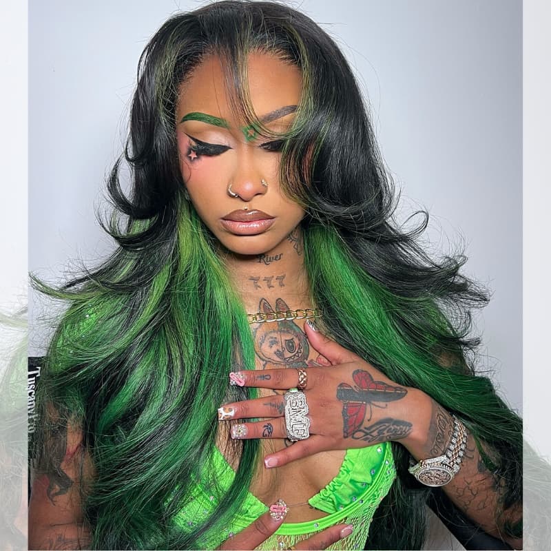 SWAY Black With Emerald Green Highlights Face-Framing  Luxury Layered Blowout 13x4 Lace Front Human Hair Wigs
