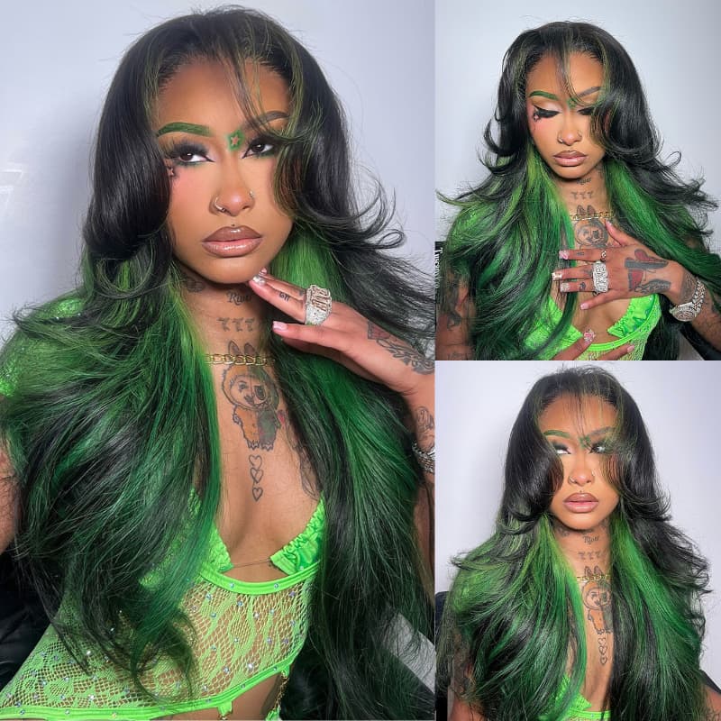 SWAY Black With Emerald Green Highlights Face-Framing  Luxury Layered Blowout 13x4 Lace Front Human Hair Wigs