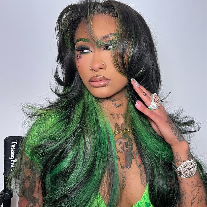 SWAY Black With Emerald Green Highlights Face-Framing  Luxury Layered Blowout 13x4 Lace Front Human Hair Wigs
