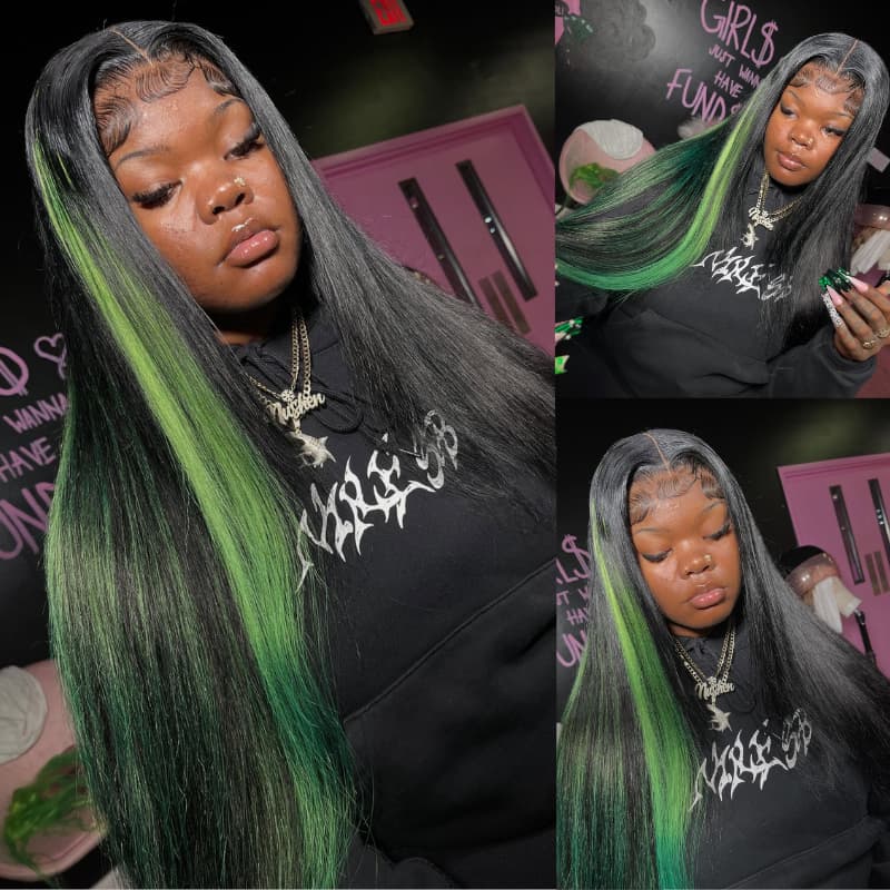 SWAY Black With Green Highlight Streaks 13x4 Lace Front Virgin Human Hair Wigs 200 Density