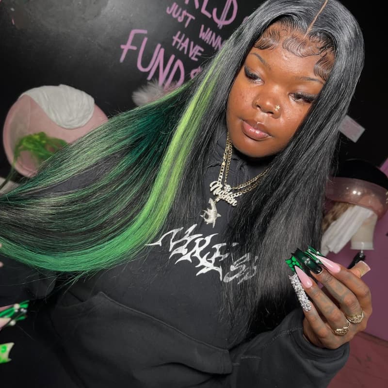 SWAY Black With Green Highlight Streaks 13x4 Lace Front Virgin Human Hair Wigs 200 Density