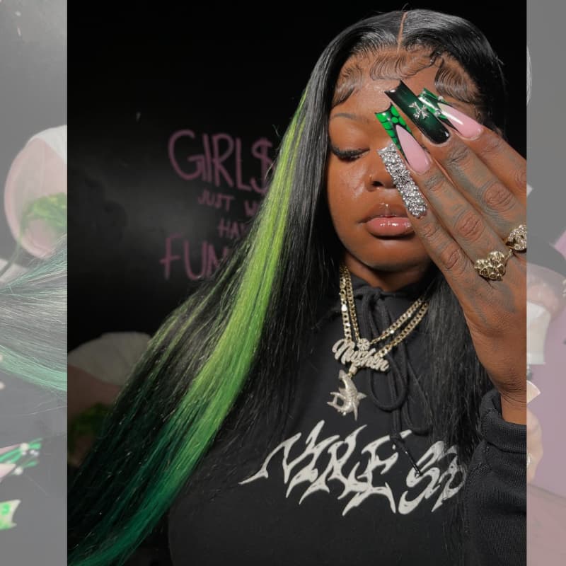 SWAY Black With Green Highlight Streaks 13x4 Lace Front Virgin Human Hair Wigs 200 Density