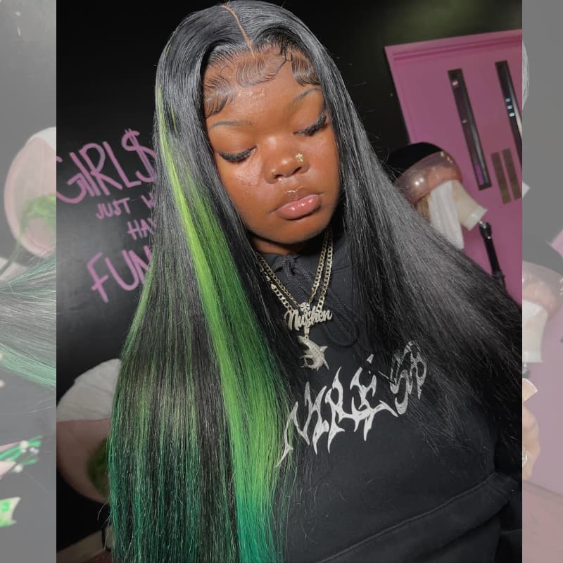 SWAY Black With Green Highlight Streaks 13x4 Lace Front Virgin Human Hair Wigs 200 Density
