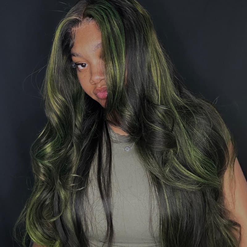 SWAY Black With Green Highlights 13x4 Lace Front Virgin Human Hair Wig
