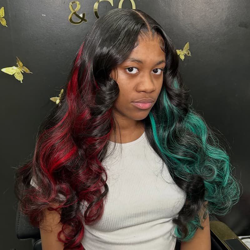 SWAY Black With Half Red Half Pastel Green Highlights 13x4 Lace Front Remy Human Hair Wigs