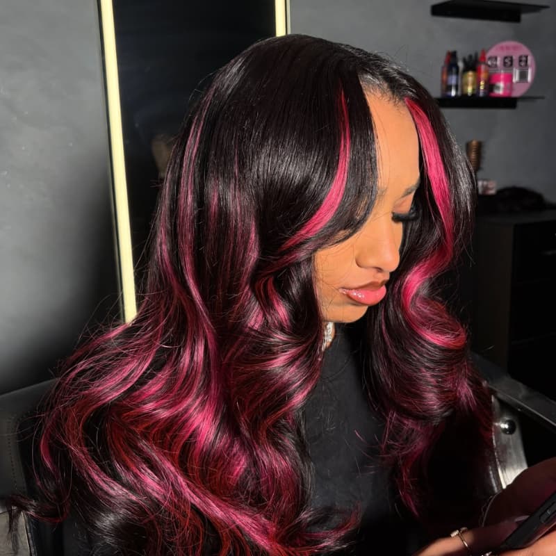 SWAY Black With Magenta Hot Pink Highlights 13x4 Lace Front Human Hair Wig
