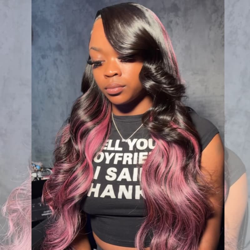 SWAY Black With Purple Pink Highlights 13x4 Lace Front Human Hair Wig