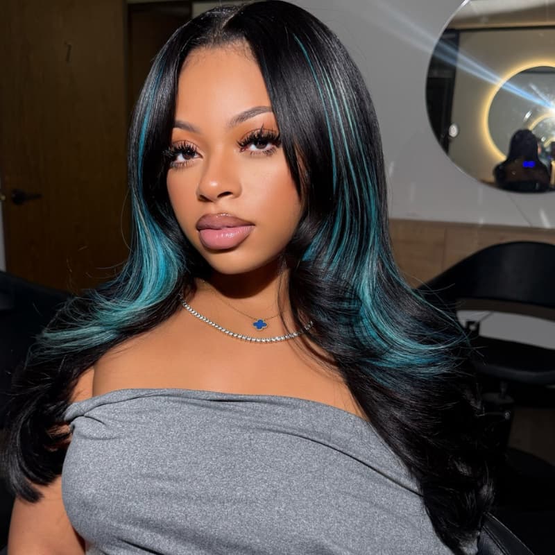 SWAY Black With Teal Aqua Green Highlights 13x4 Lace Front Human Hair Wig