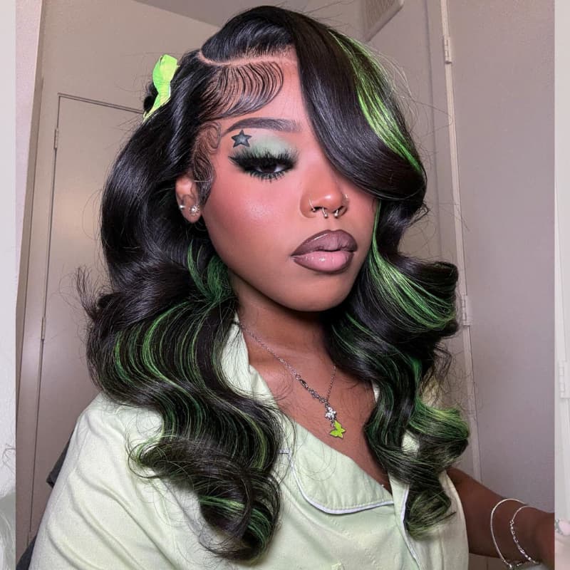 SWAY Black with Green Highlights Money Piece Color 13x4 Lace Front Human Hair Wig