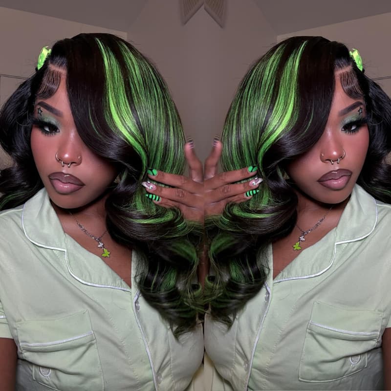 SWAY Black with Green Highlights Money Piece Color 13x4 Lace Front Human Hair Wig