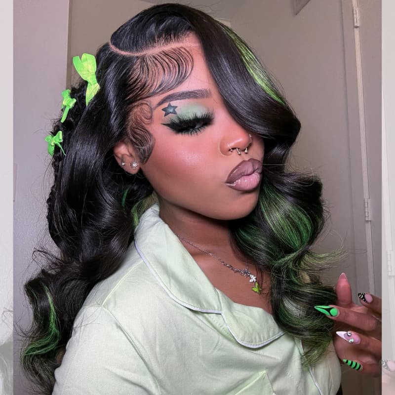SWAY Black with Green Highlights Money Piece Color 13x4 Lace Front Human Hair Wig