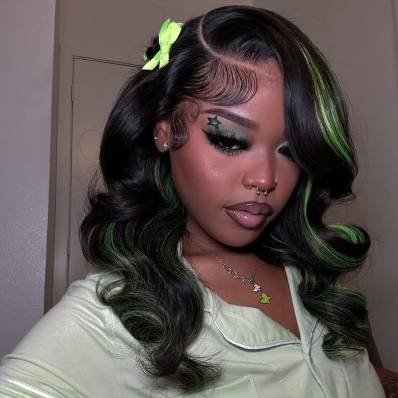 SWAY Black with Green Highlights Money Piece Color 13x4 Lace Front Human Hair Wig