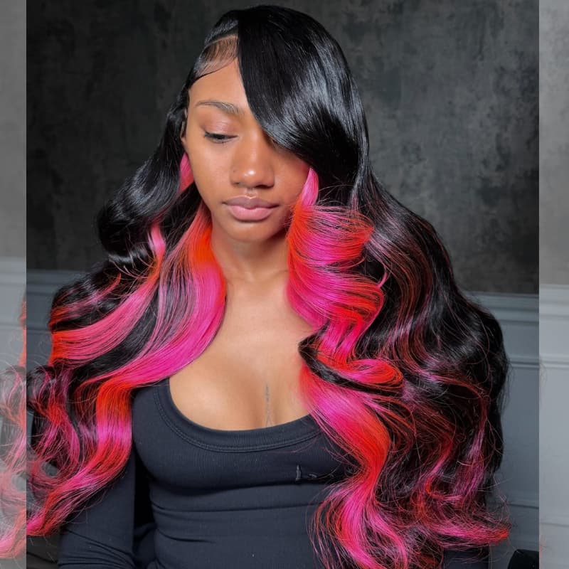 SWAY Black with Hot Pink Cherry Red Highlights 13x4 Lace Front Virgin Remy Human Hair Wigs 200 Density
